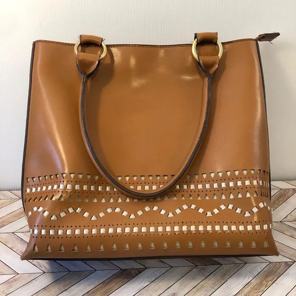 Faux Leather Vegan Camel Brown Tote Bag w/ Handles Country Western 70s Style - Picture 1 of 9